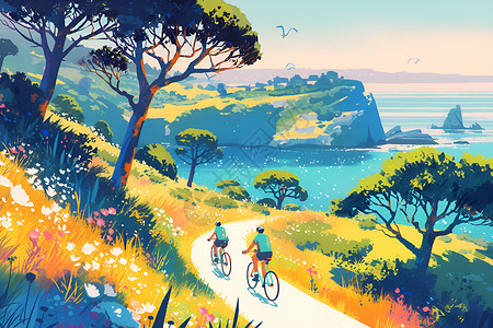 骑手沿着海滨小径骑行高清图片