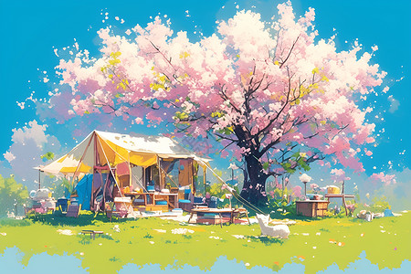 樱花下的露营背景图片