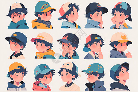 戴着帽子男孩小男孩戴着各式各样的帽子插画