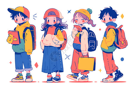 棒球帽女孩插画背着书包的学生们插画