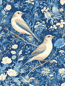 蓝色花鸟图案背景图片