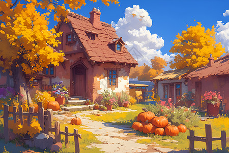 秋天里的小屋背景图片