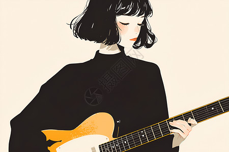音乐线条黑白插图中的女孩插画