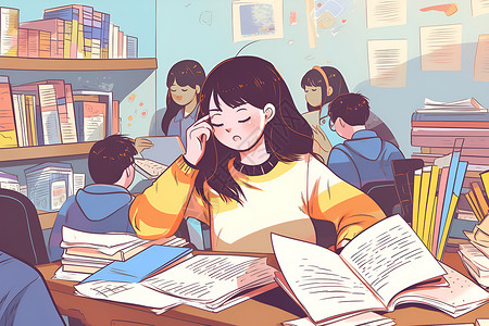 女学生学习女学生在教室里专注学习插画