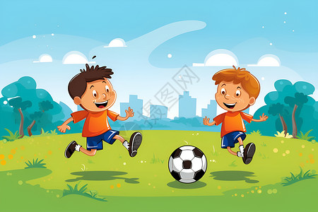 足球训练营男孩在草地上踢足球插画