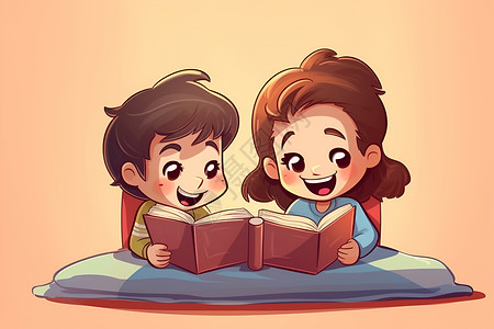 孩子一起一起读书的孩子插画