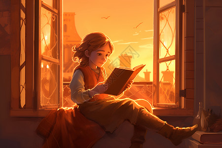 窗前读书插画窗前少女读书插画