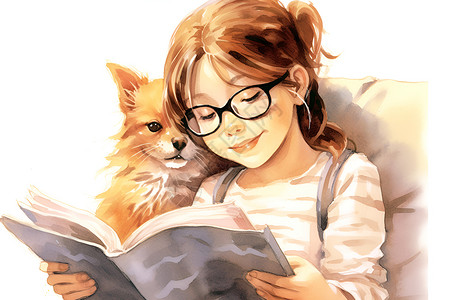 一起阅读的女孩和狗狗背景图片