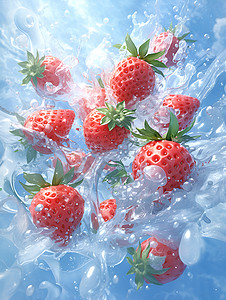 草莓在水中漂浮背景图片