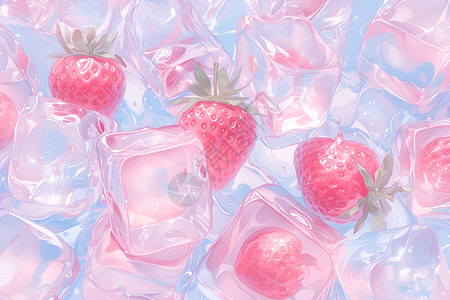 水里的草莓和冰块背景图片