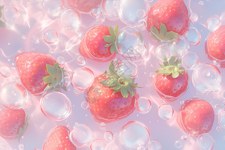 漂浮水果草莓和冰块在水中漂浮插画