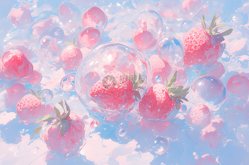 冰块间的草莓图片