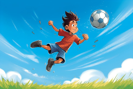 踢球的孩子蓝天白云下的踢球少年插画