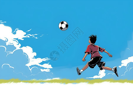 蓝天下踢足球的男孩高清图片