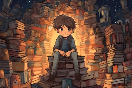 男孩在书堆中学习书堆里的男孩插画
