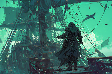 废墟背景海盗船上的海盗插画