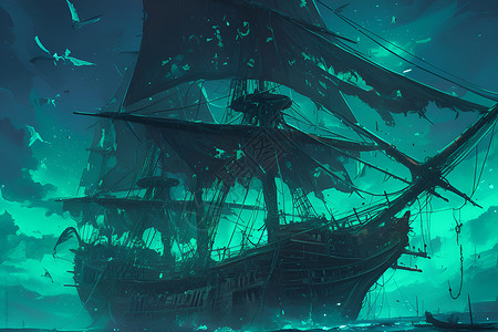 海盗科荒废的海盗船插画