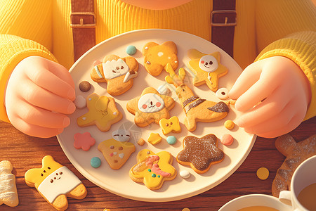 零食饼干吃动物饼干的孩子插画
