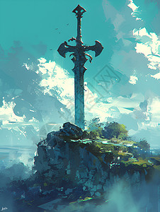 海悬崖神秘海岛上的巨剑插画