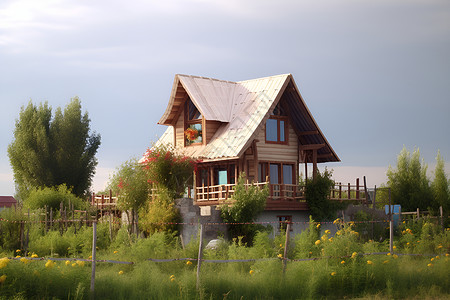 草地上的木质小屋背景图片