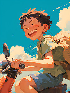 蓝天下男孩骑着摩托车背景图片