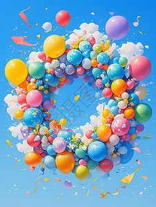 漂浮彩带彩虹气球组成的字母插画