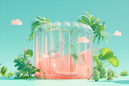 充气筒绿植中的粉色冲气材料插画