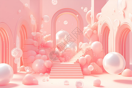 现代建筑艺术缤纷粉色城堡插画