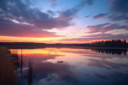 夕阳映照下的湖泊背景图片