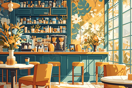 温馨咖啡店明亮的咖啡馆插画