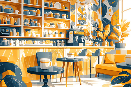 展览柜台色彩鲜明的咖啡馆插画