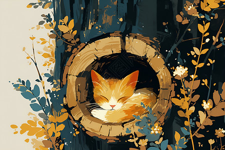动物睡觉树洞睡觉的猫咪插画