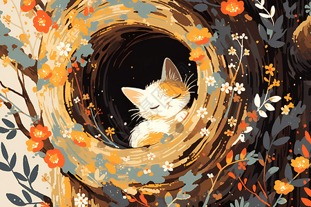 树洞毛茸茸的猫在躲在洞穴里插画