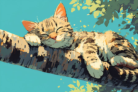 躺地猫咪懒洋洋地躺在树枝上插画