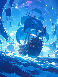 私人船只夜间行驶的海盗船队插画