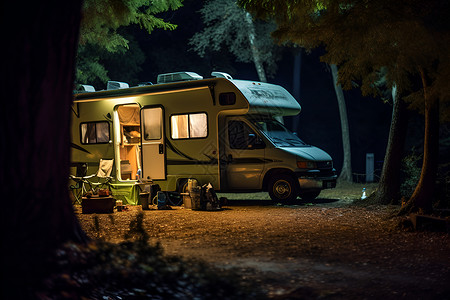 森林灯光暗夜中的露营车背景