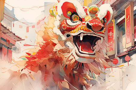 狮子建筑帅气的中华狮舞插画