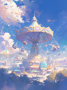 梦幻游乐园飘浮在云彩中背景图片
