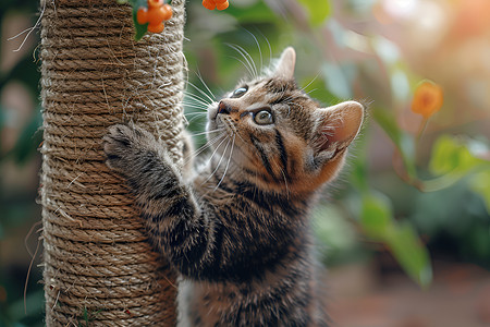 花猫小猫攀爬抓挠杆背景