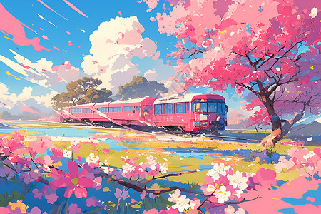 粉色火车穿过梦幻樱花园插画