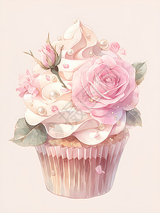 粉色杯子蛋糕粉色花朵点缀的杯子蛋糕插画