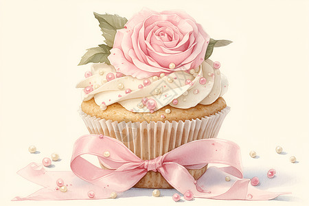 杯子装饰精致玫瑰与珍珠装饰的水彩风格杯子蛋糕插画