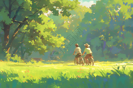 阳光穿过树林骑自行车穿过树林的人插画