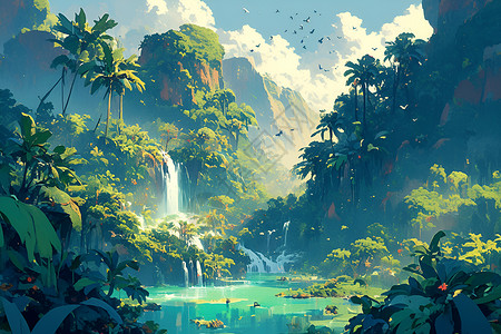 生态风景丛林瀑布与生态插画
