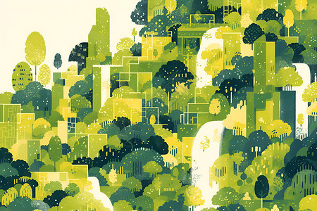 超现实城市神秘幽静的绿色城市插画