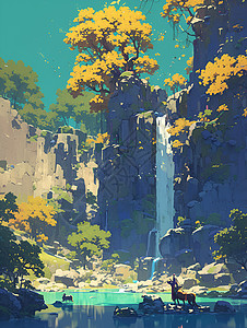 神奇森林瀑布神奇瀑布风景插画