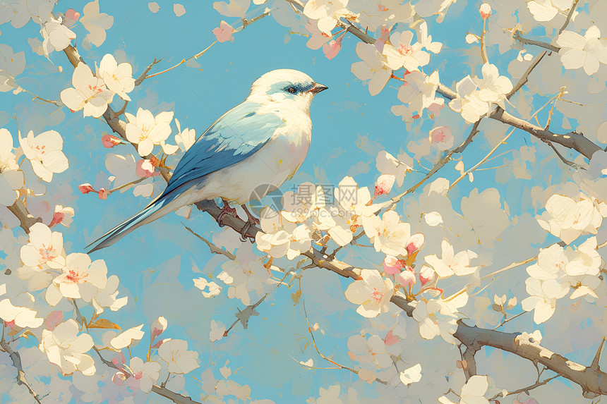 蓝天下的花朵小鸟图片