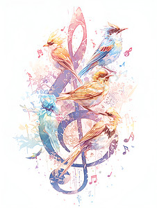 音符符号停驻在音符上的小鸟插画