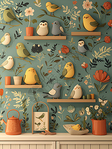 墙上架子墙上的鸟儿壁纸插画