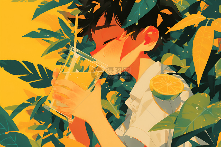 男孩在柠檬树下喝饮料图片